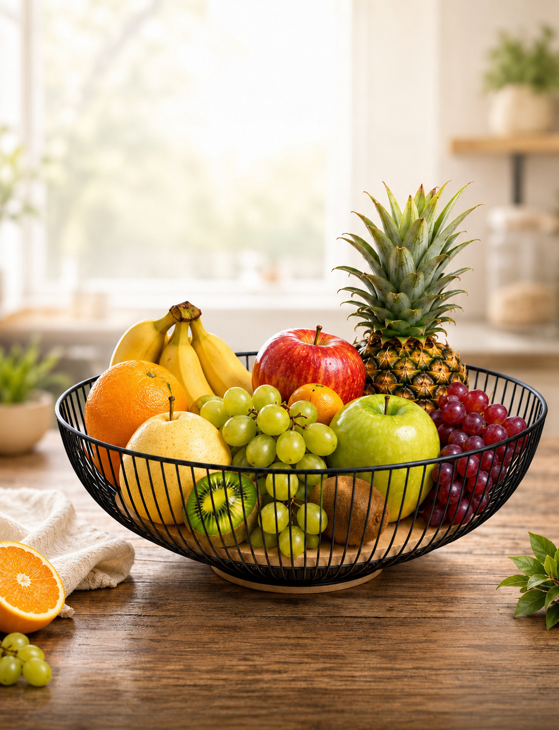 Metal Fruit Basket With Wooden Base, Multipurpose Tabletop Fruit Holder, Countertop Fruit Basket Bowl