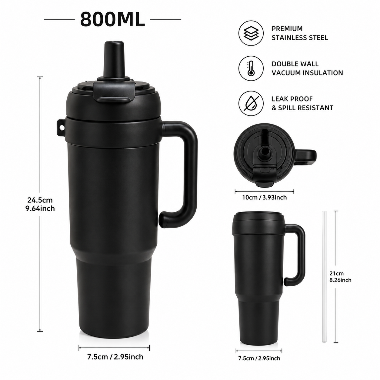 Double Wall Vacuum Tumbler, Easy Grip Sports Vacuum Tumbler, 800ml Double Wall Vacuum Tumbler