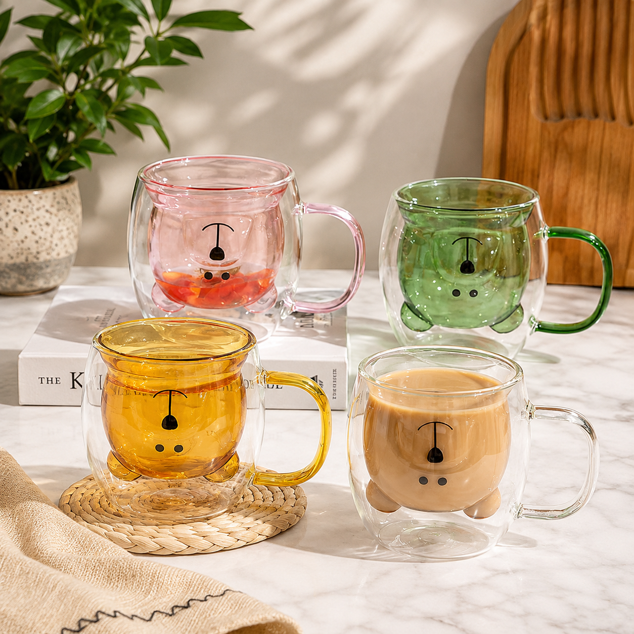 Adorable Bear Face Glass Coffee Mug, Double Wall Bear Buddy Glass Cup, Cute Bear Thermal Glass Mug
