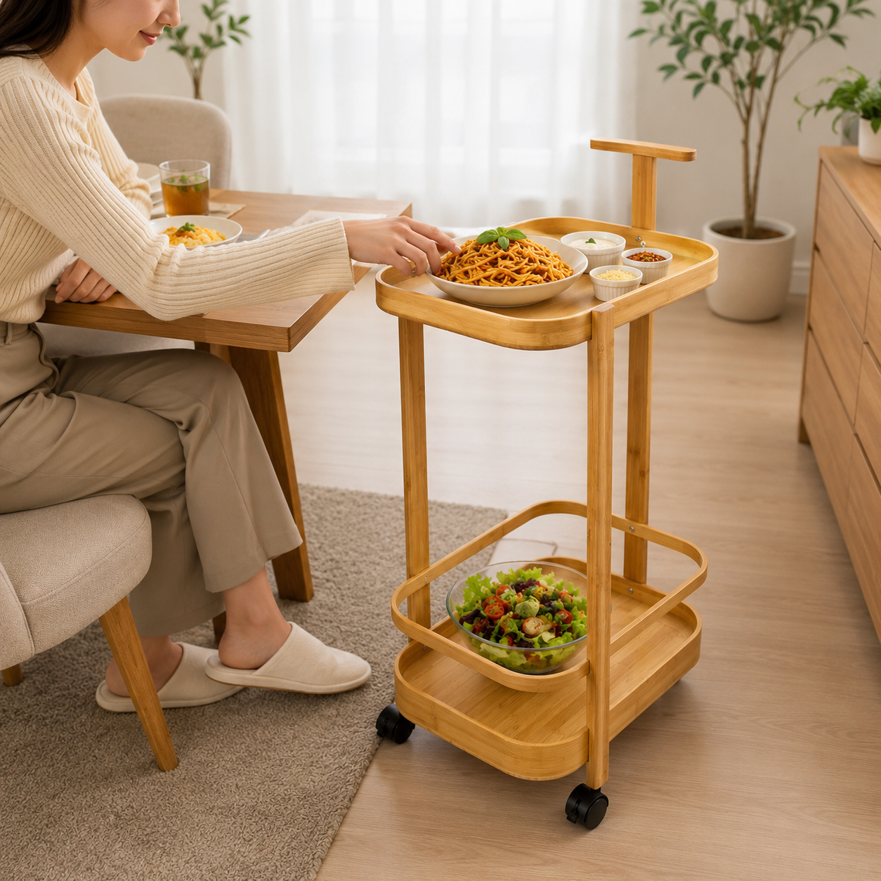 2 Tier Bamboo Rolling Serving Trolley, Multi Purpose Kitchen & Dining Cart, Dining Table Serving Trolley, Wooden Rolling Food Serving Cart