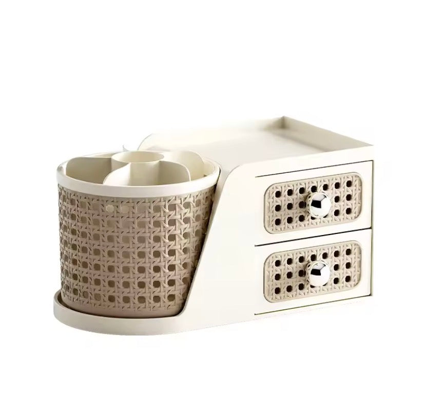 Rattan Style Makeup Organizer with Drawers, Large Capacity Cosmetic Storage Box, Double Layer Rotating Shelf Pen Holder, Desktop Organizer
