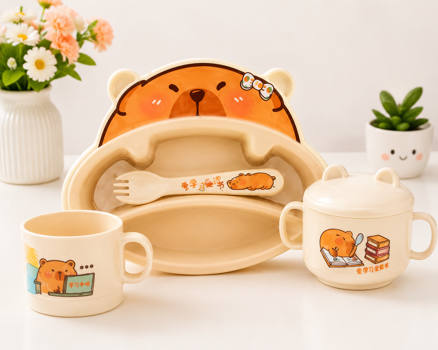 Bear Design Kids Tableware Set, Kids Bear Plate, Bowl & Cup Set, Cute Cartoon Bear Feeding Set for Kids, Adorable Bear Kids Feeding Tableware