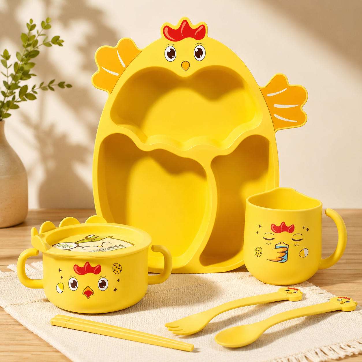 Cute Chick Kids Dinnerware Set, Baby Chick Feeding Bowl & Plate Set, Cute Cartoon Self Feeding Plate for Kids, Kids Divided Plate & Cup Set