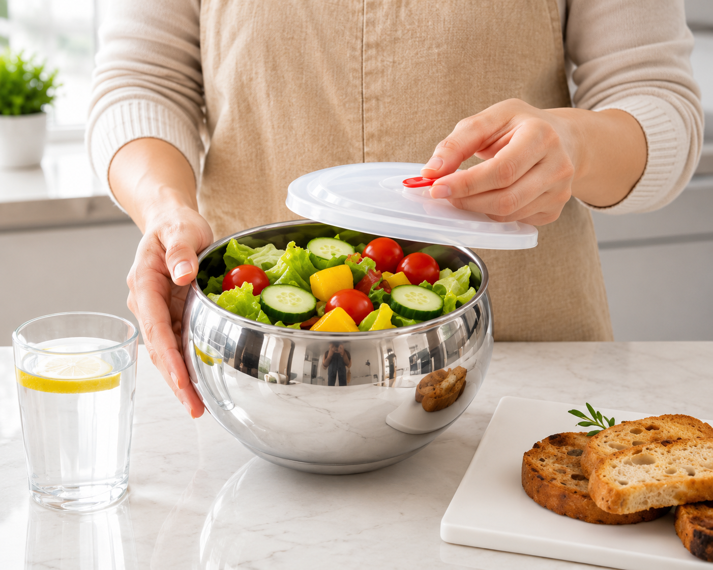 Stainless Steel Serving Bowl with Vacuum Lid, Insulated Steel Food Storage Bowl, Salad Mixing Bowl Set, Food Cooking Bowl Set