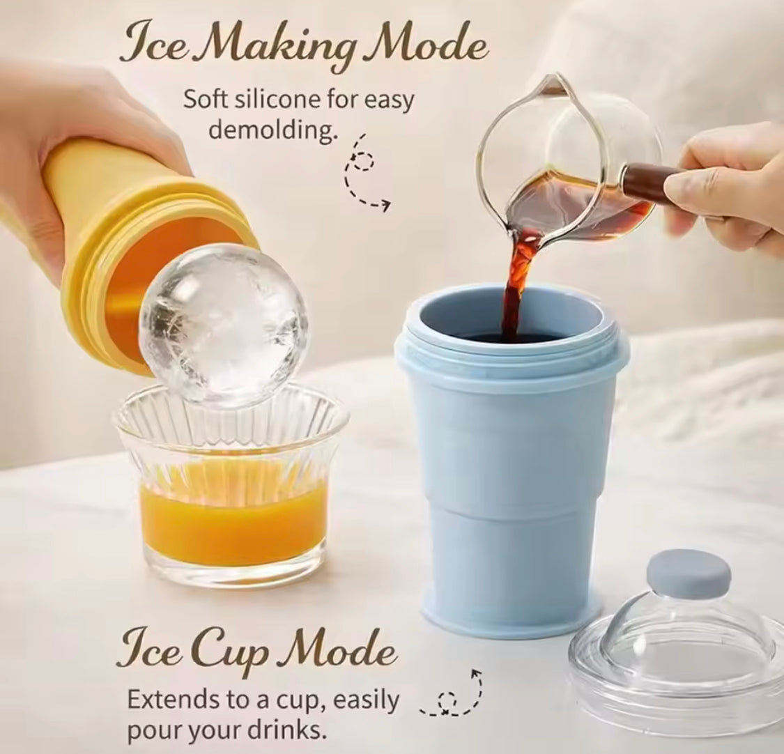 2 In 1 Collapsible Silicone Ice Ball Cup, Reusable Portable Ice Sphere Mold with Straw Lid, Portable Ice Ball Cup