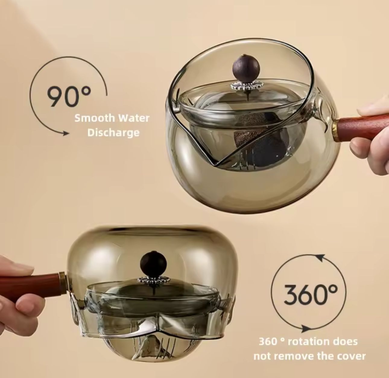 Glass Teapot With Rotating Filter, 360° Rotating Glass Infuser Teapot, Glass Tea Infuser With Wooden Handle, Premium Glass Tea Brewing Kettle