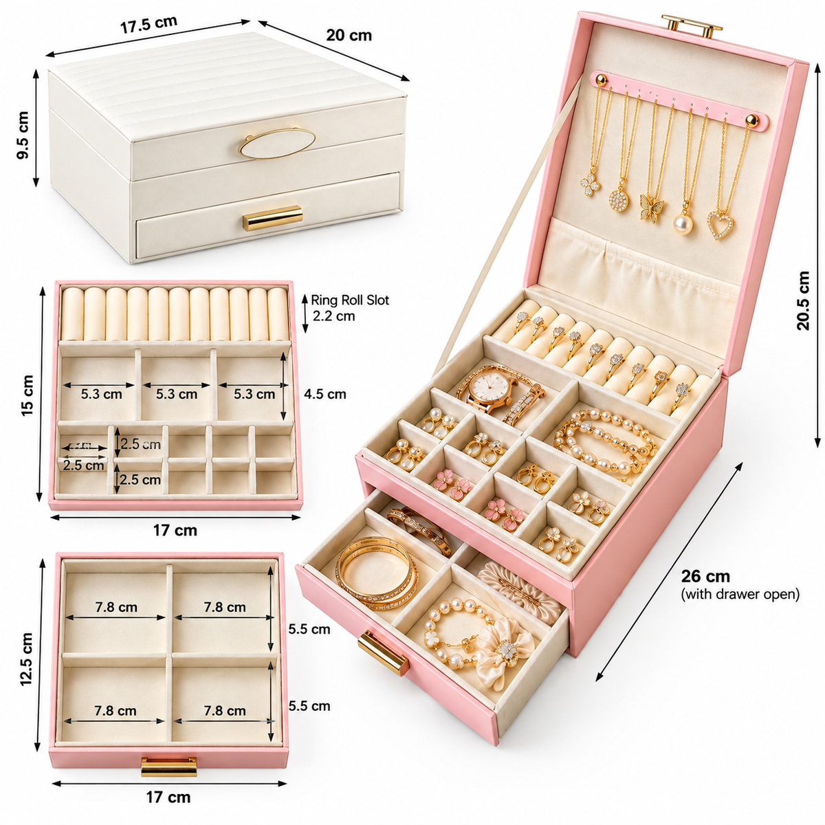 Multi Compartment Jewelry Organizer Case, Elegant Jewelry Storage Box with Gold Handles, Jewelry Organizer Box with Necklace Holder & Storage Drawers