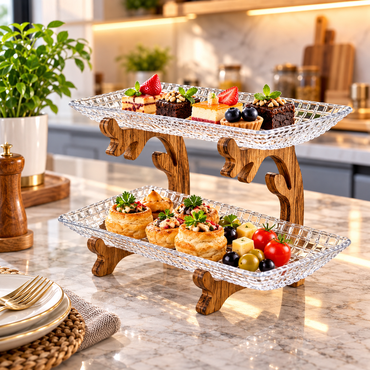 2 Tier Glass Serving Tray with Wooden Stand, Luxury Glass & Wooden Serving Stand, Premium Glass Dessert Display Stand