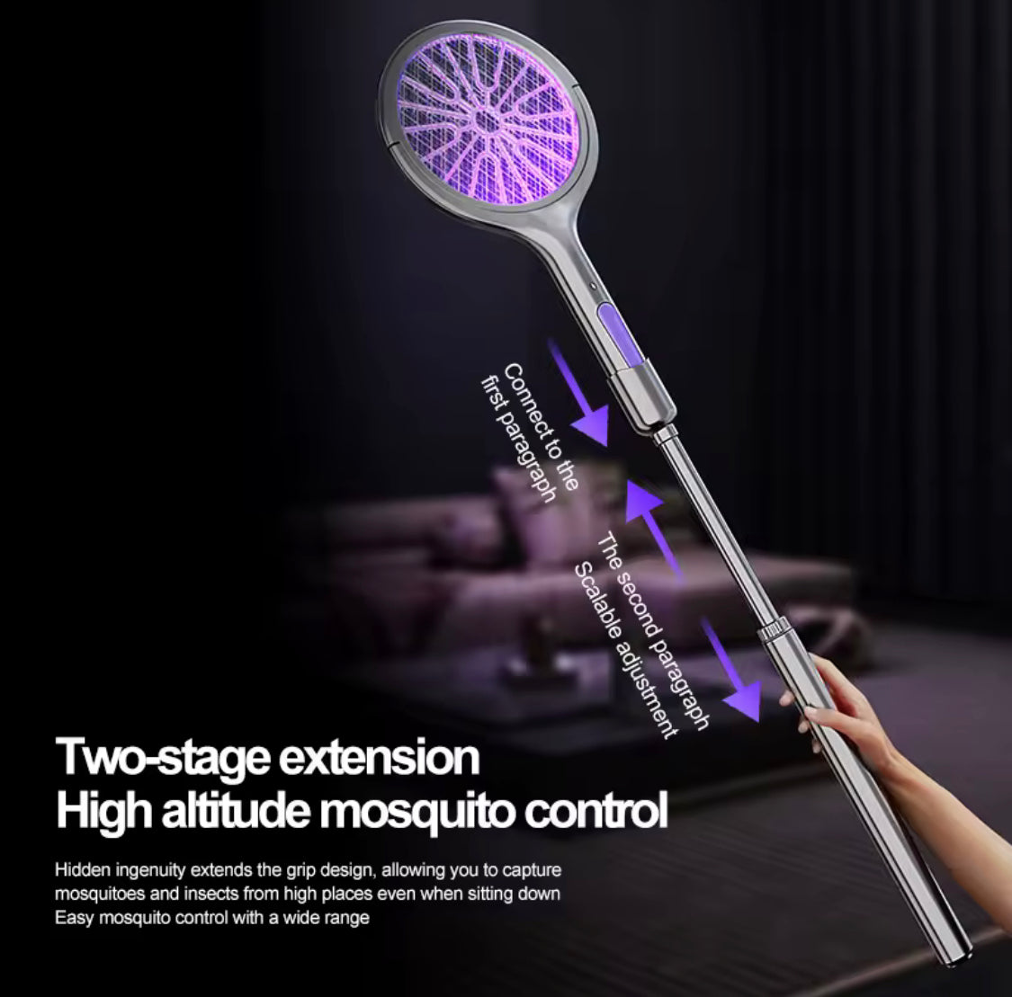 Telescopic Rechargeable Mosquito Swatter Racket, Extendable Head Bug Zapper Racket, Mosquito Trap Lamp, Home Bug Insect Racket, Electric Fly Swatter Racket