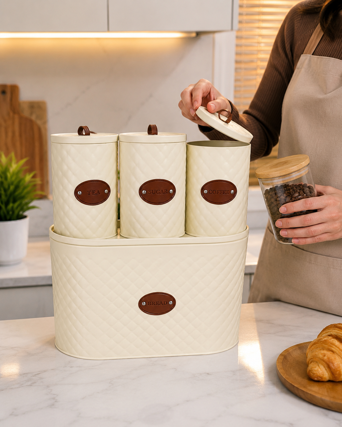 4pcs Diamond Texture Bread Box Set, Luxury Tea, Coffee & Sugar Canister Set with Bread Box, Kitchen Counter Storage Collection