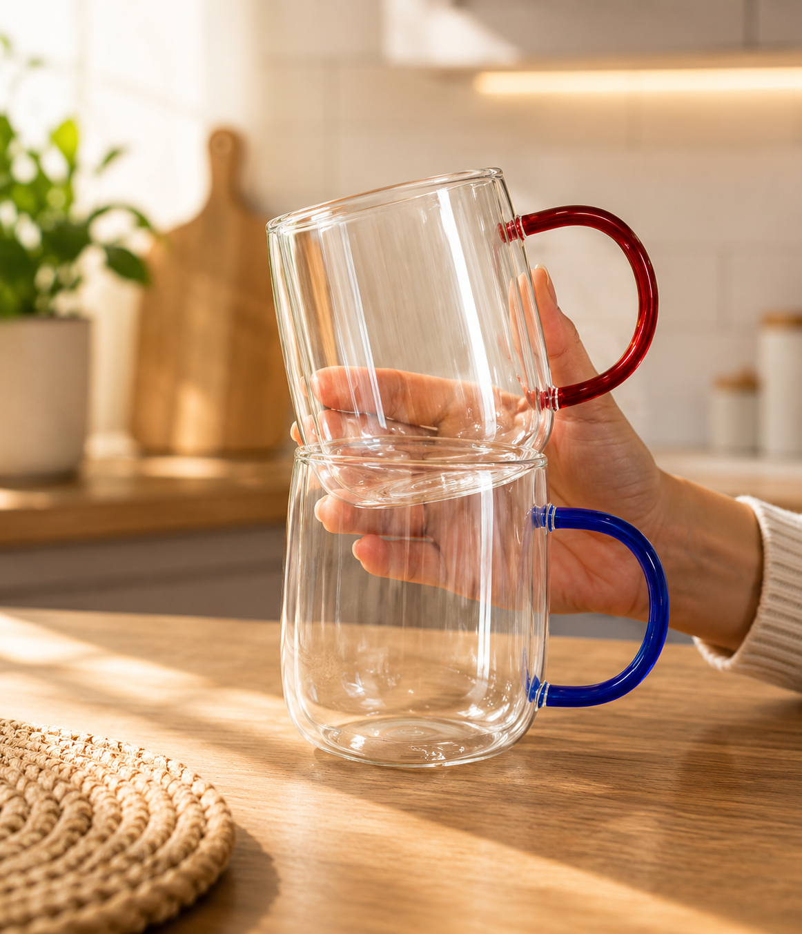 4pcs Elegant Colorful Handle Coffee Mug Set, Transparent Glass Mugs, Double Wall Clear Glass Drinkware Set