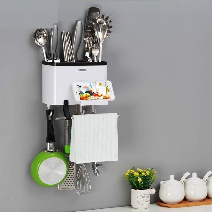 Wall Mounted Cutlery Holder, Utensils Holder Drainer Basket Chopsticks Tube Cutlery Kitchen Organizer, Kitchen Sink Drainage Shelf, Cutlery Spoon Fork Knife Holder Shelf