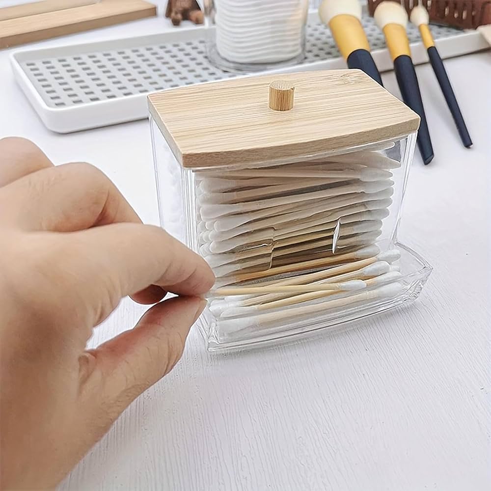 Acrylic Cotton Swab Holder with Bamboo Lid, Transparent Cotton Swab Dispenser, Decorative Cotton Bud Storage Container