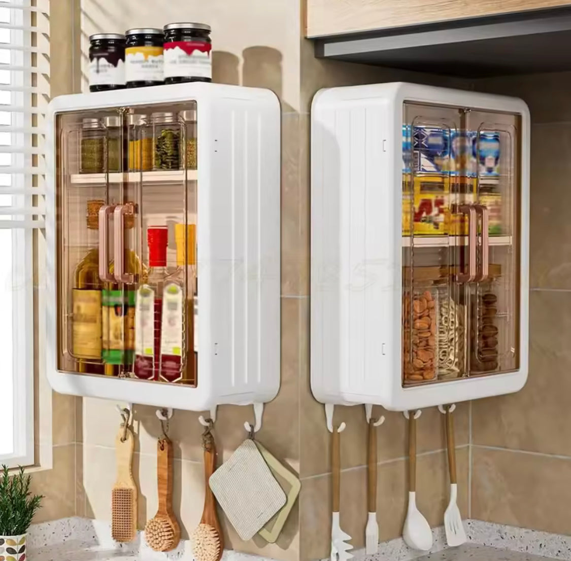 Multilayer Bathroom Storage Cabinet With Hooks, Kitchen Seasoning Storage Shelf, Multipurpose Cabinet with Doors and Shelves, Wall Mounted Cabinet, Home And Living Organizer