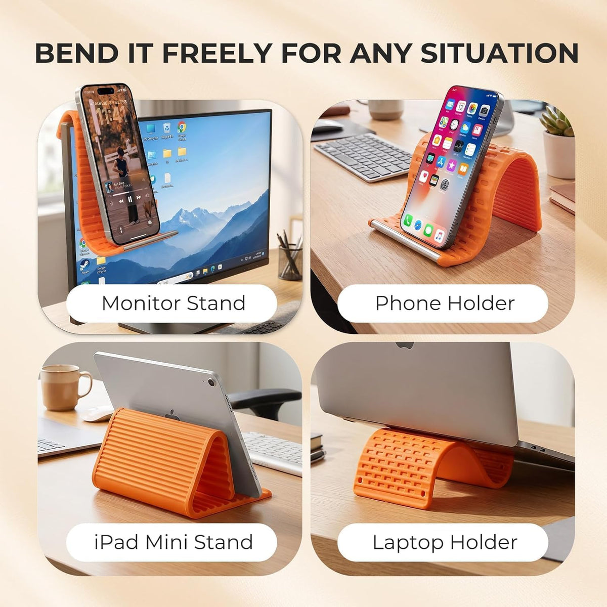 Flexible Silicone Phone Stand, Foldable Mobile Stand, Adjustable Mobile Holder, Phone Holder Stand for Desk, Tablet & Laptop Mobile Holder