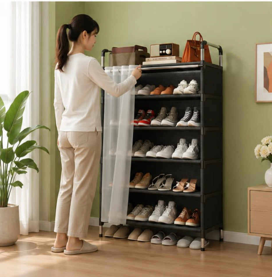 Dustproof Shoe Organizer Shelf with Sliding Curtain Door, Multi Tier Shoe Storage Cabinet, Space Saving Shoe Shelf, Dustproof Shoe Rack Organizer with Side Cover