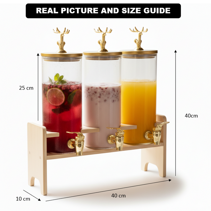 Triple Juice Dispenser With Gold Deer Lid, Glass Drink Dispenser With Wooden Stand, Luxury Beverage Station With Taps