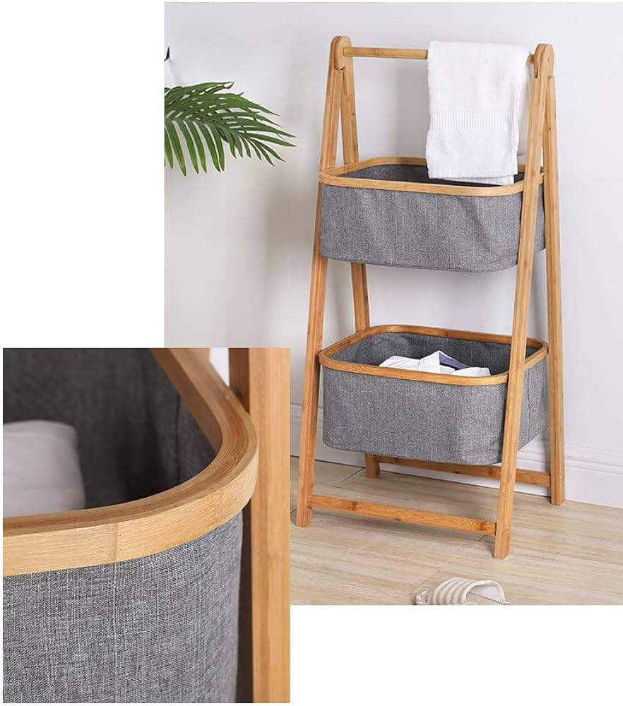 Multi Layer Bamboo Laundry Storage Organizer, Double Layer Bamboo Laundry Rack, Foldable Bamboo Laundry Basket Stand, Laundry Basket And Storage Organizer