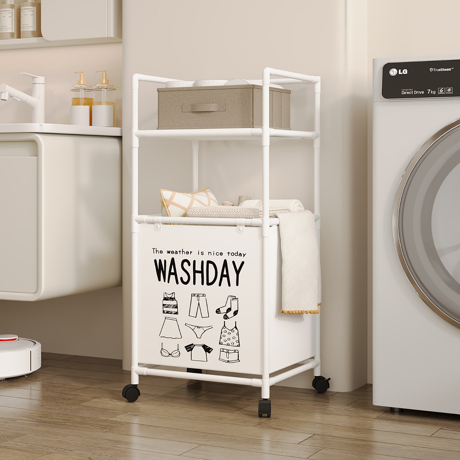 Compact Multilayers Storage Rack, Moveable Laundry Basket With Shelf, Multipurpose Organizer For Kitchen And Bathroom