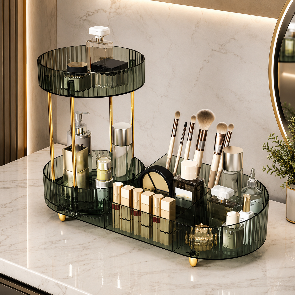 Rotating Vanity Counter Organizer, Multi Compartment Beauty Organizer, Acrylic Makeup Holder Organizer