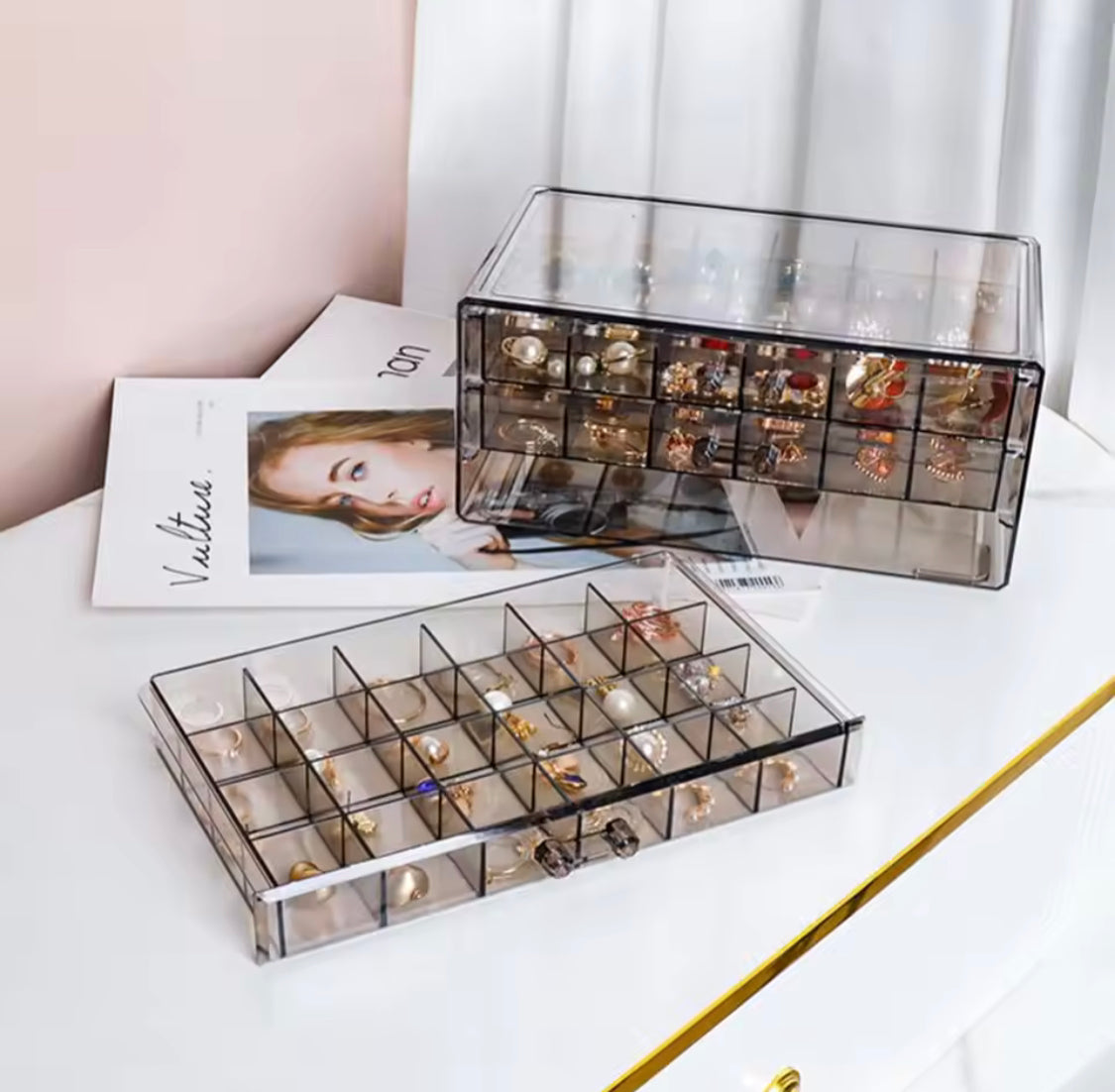 Multi Layer Transparent Jewellery Storage Box, 3 Layer Desktop Ring Earring Sorting Box, Dressing Table Drawer Style Storage Box