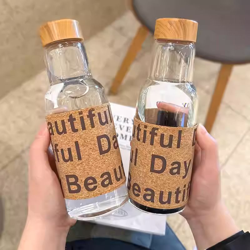 Leather Sticker Water Bottle, Marimekko Oiva Drinking Bottle, 450ml Retro Glass High-value Coffee Bottle, High Temperature Resistant Portable Water Glass Bottle
