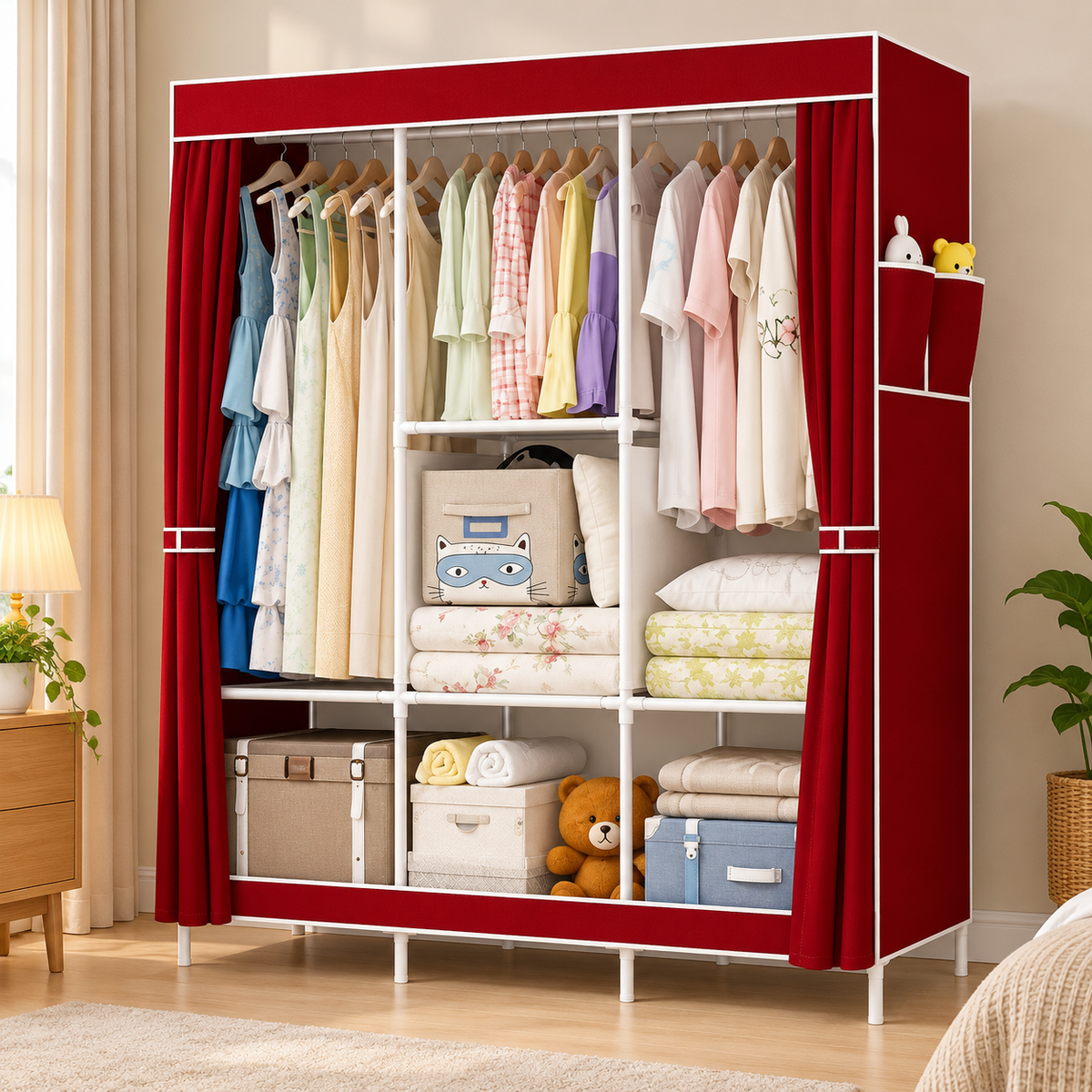 Portable Clothes Storage Cabinet, Multi Layer Fabric Wardrobe Organizer, Heavy Duty Portable Storage Wardrobe, Fabric Closet with Hanging & Storage Shelves