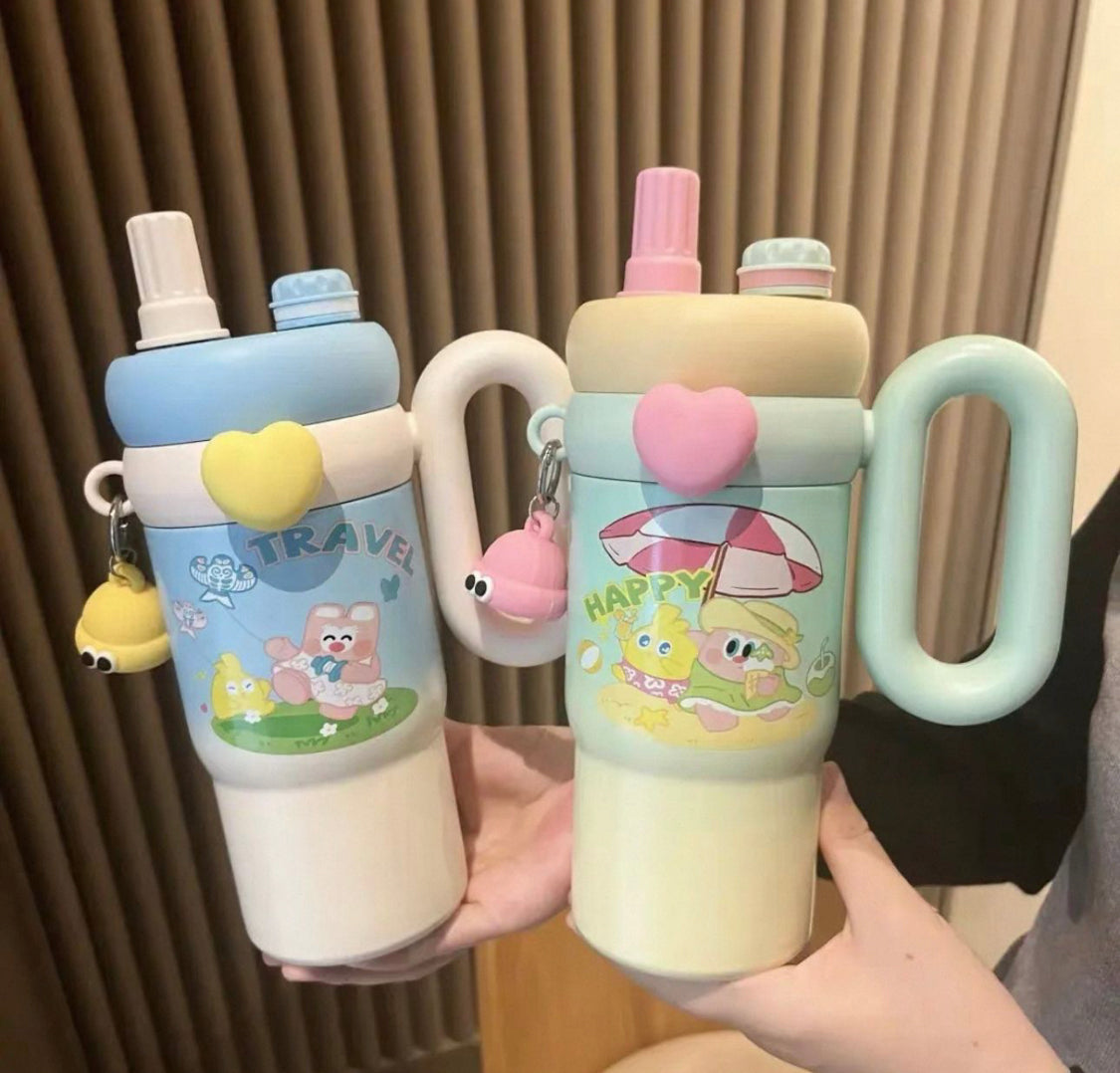 Cute Kawaii Rainbow Insulated Tumbler Sipper With Handle, Leak Proof Stainless Steel Straw Sipper, Easy Grip Vacuum Tumbler