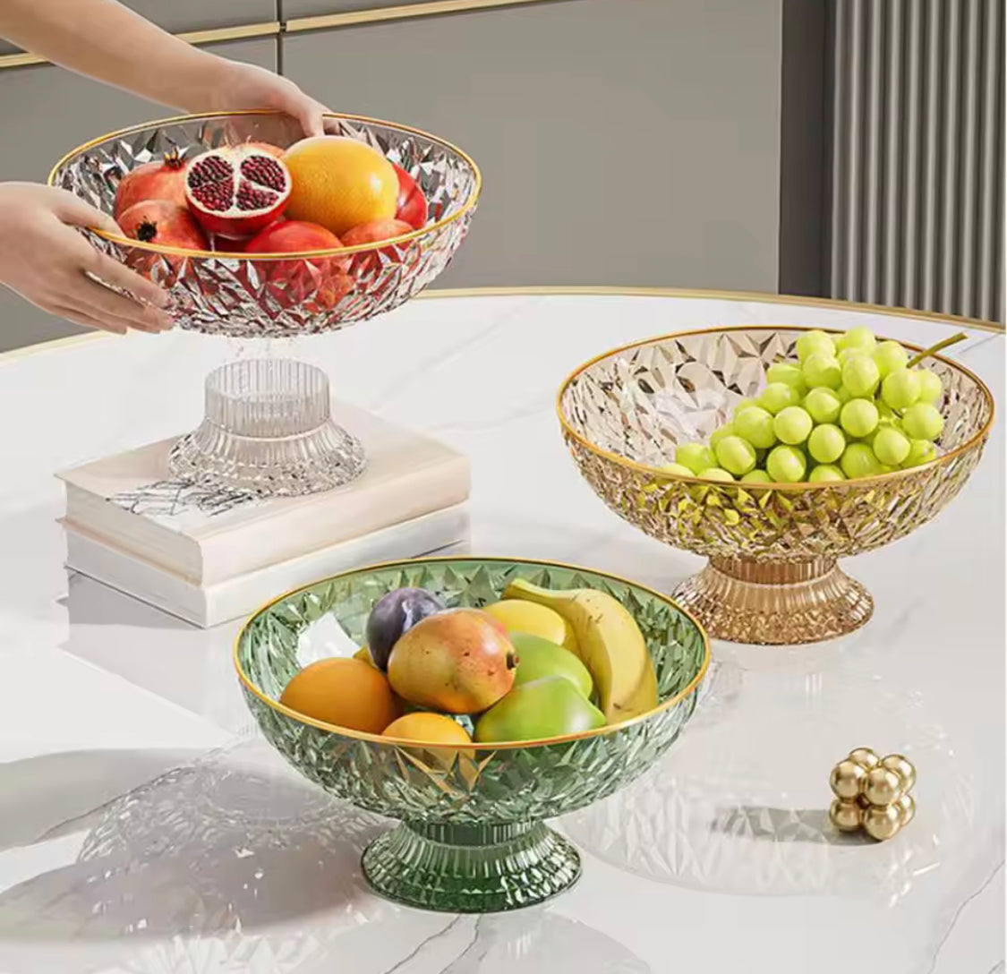 Luxury Fruit Bowl with Gold Rim, Elegant Crystal Pedestal Fruit Serving Bowl, Multipurpose Diamond Cut Fruit Bowl with Gold Edge, Decorative Crystal Centerpiece Bowl