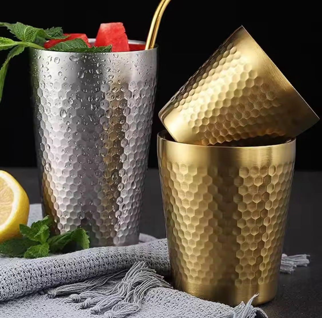 Stainless Steel Hammered Texture Glass, Double Wall Bevarage Glass, Drinkware Party Glass