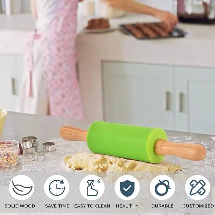 Silicone Dough Roller, Wooden Handle Dough Roller, Dumpling Skin Pressing Flour Stick Baking Tool, Kitchen Roti Belan, Non Stick Surface Baking Roller, Kitchen Cooking Accessories