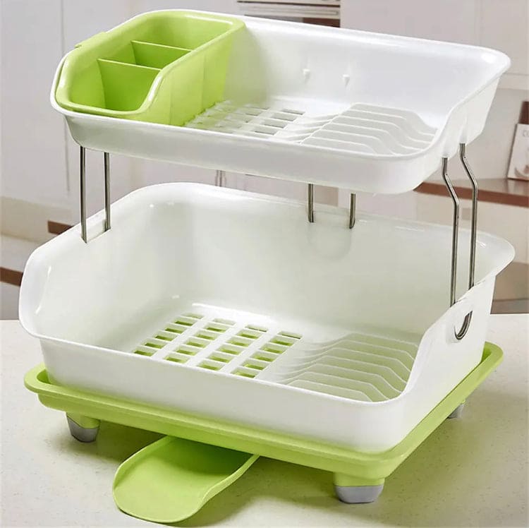 2 Tier Dish Drying Rack, Utensil Holder for Kitchen Counter, Durable Plate Rack With Drainer, Large Plastic Basket with Tray, Multipurpose Kitchen Drainage Storage Rack, Kitchen Utensils Organizer, Portable Kitchen Storage Rack