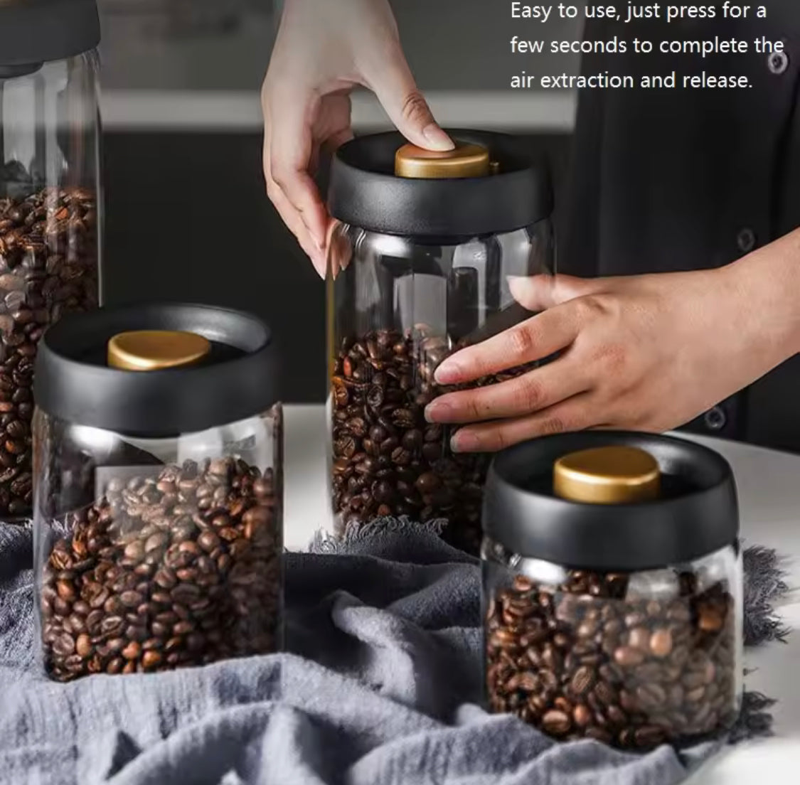 High Borosilicate Vacuum Sealed Coffee Jar, Press Down Vacuum Glass Coffee Canister, Coffee Bean Storage Container With Airtight Lid