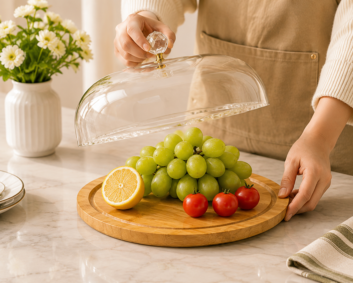 Transparent Cake Display Dome with Wooden Stand, Round Glass Food Display Cover, Decorative Glass Cloche, Food Display Cloche with Wooden Serving Tray