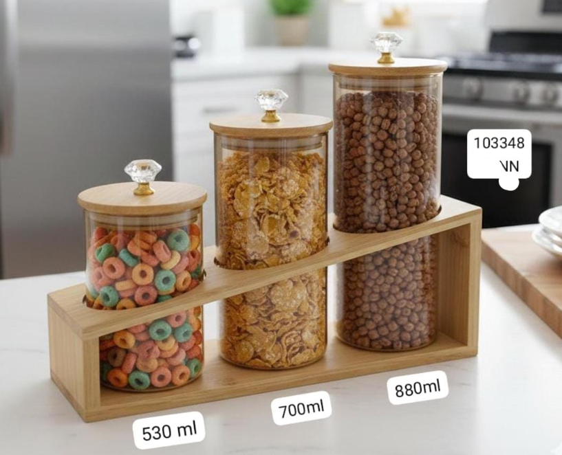 Set Of 3 Elegant Canister Set, Glass Jar Set With Wooden Stand, Airtig ...