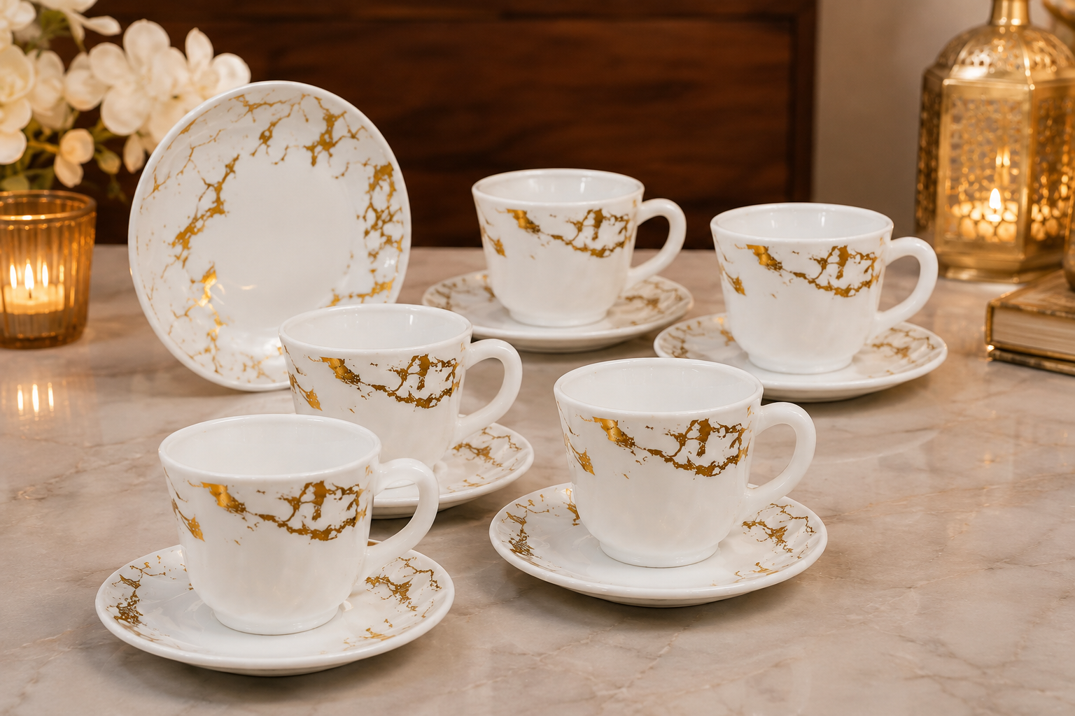Elegant 6Pcs Tea Cup With Saucer Set, Golden Crackle Design Tea Cup Set, Insulated Coffee Mug, Coffee Glass