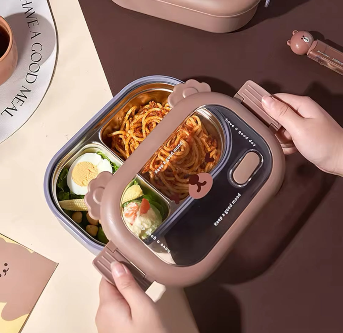 Bear Face Kids Lunch Box, Stainless Steel Food Insulated Container, 2 Compartments Cute Food Container, Microwave Friendly Kids Bento Lunch Box