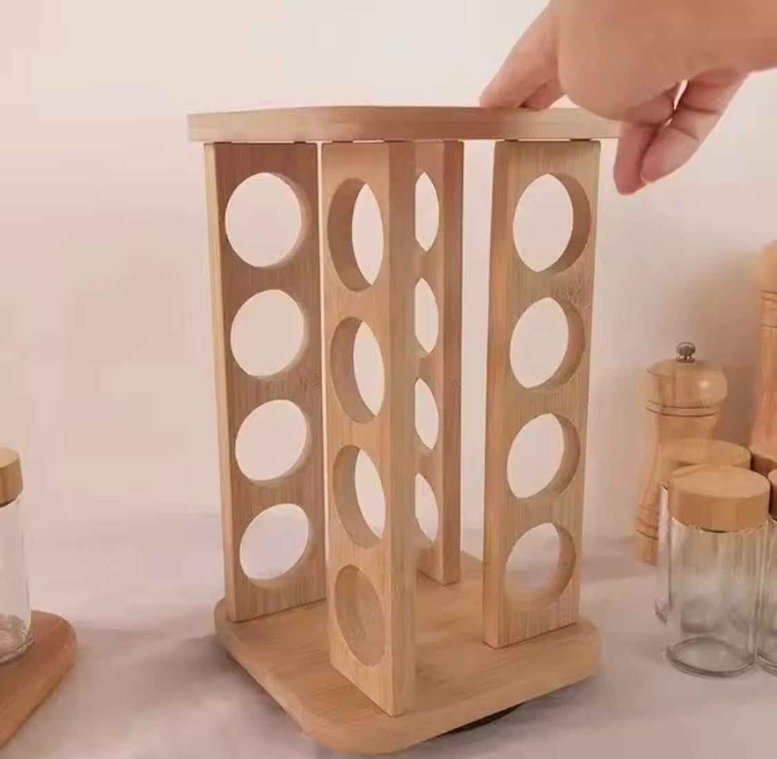 Rotatable Wooden Spice Rack With Jars, Multi Layers Square Shape Seasoning Bottle Storage Rack, Seasoning Bottles Condiment Jars, Kitchen Storage Organizer