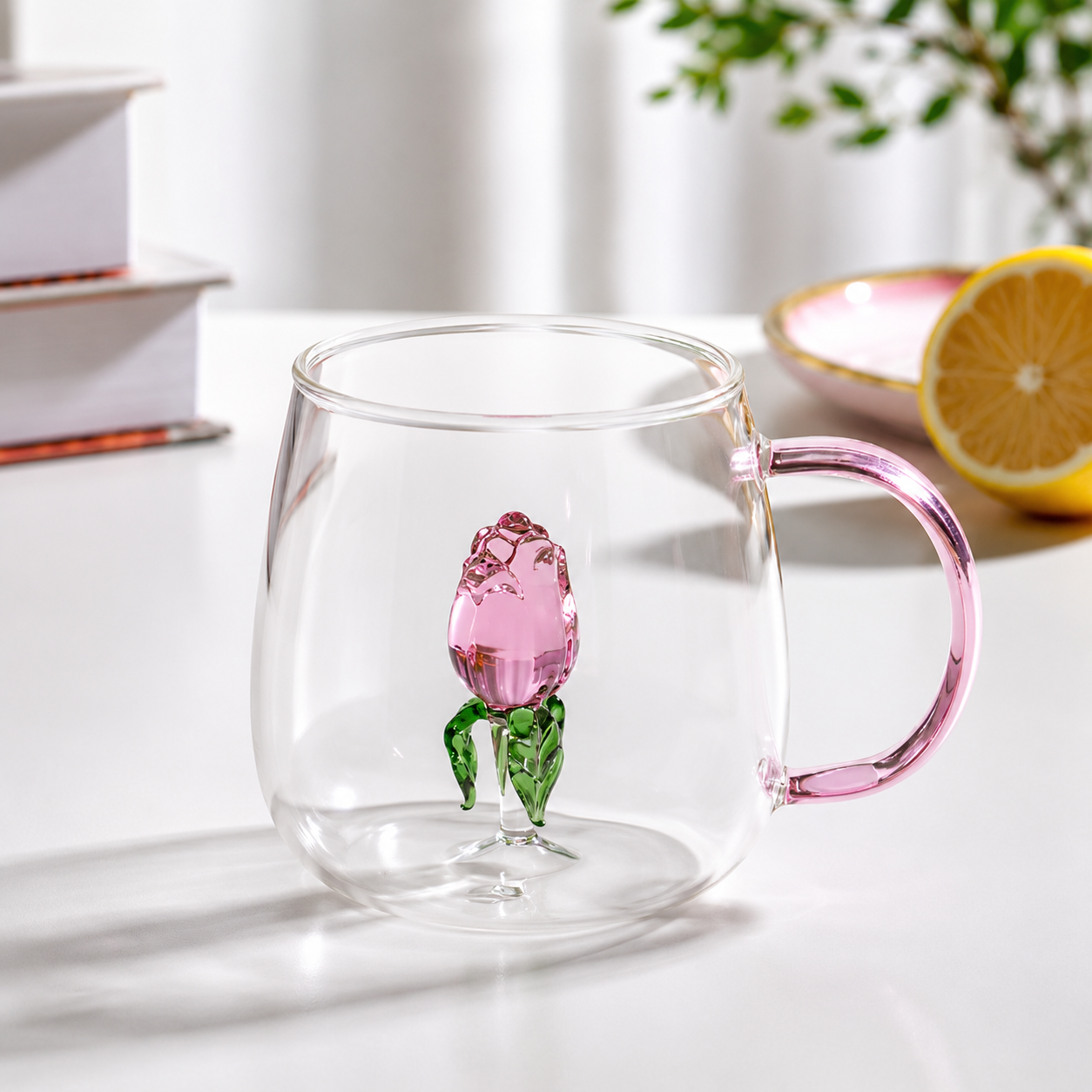 Elegant 3D Rose Glass Coffee Mug, Vintage Floral Glass Coffee Mug, Pink Floral Borosilicate Glass Mug, Floral Crystal Glass Mug with Pink Handle