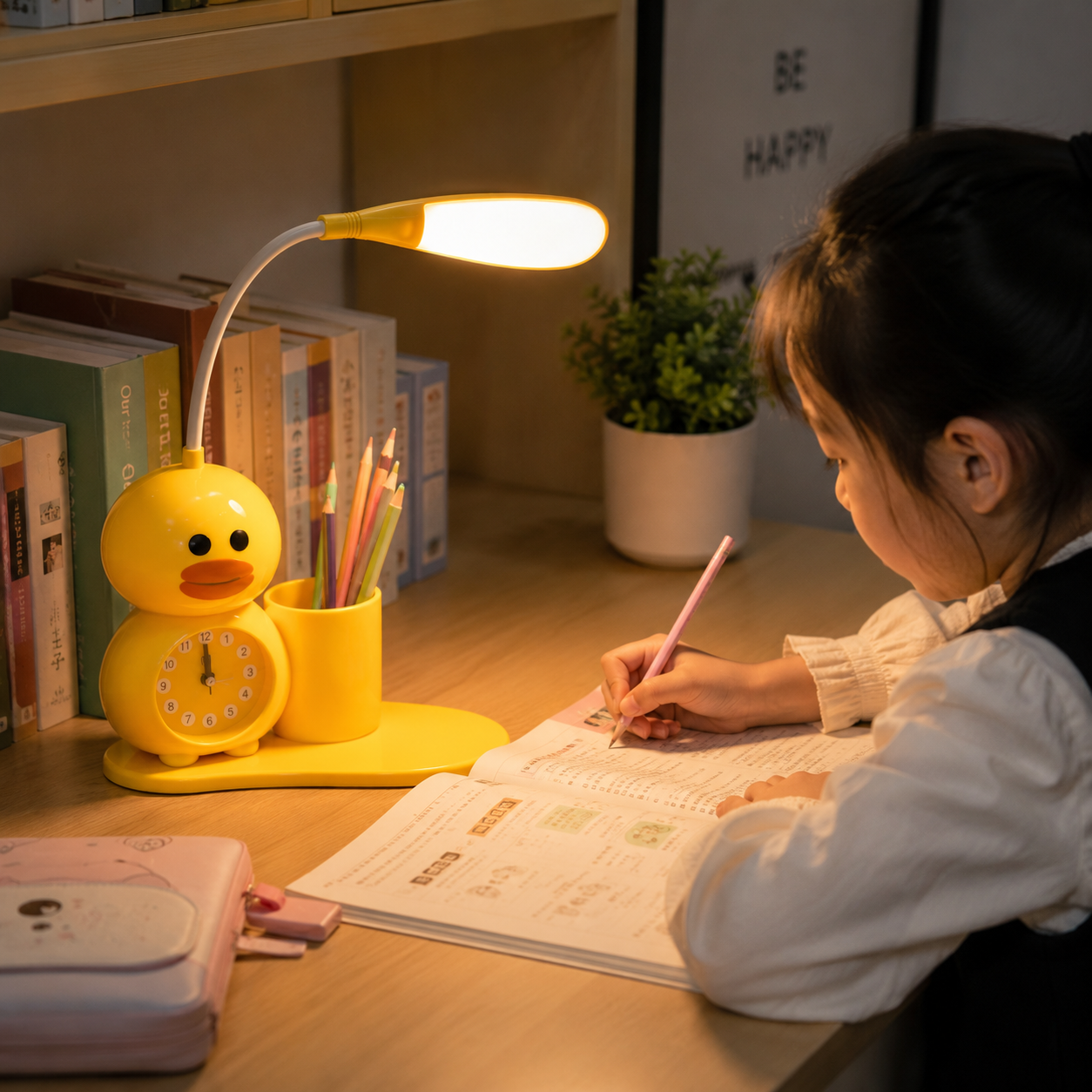 Cute LED Desk Lamp with Clock And Pen Holder, Kids LED Reading Lamp with Clock & Desk Organizer, Adjustable Duck LED Study Light for Kids