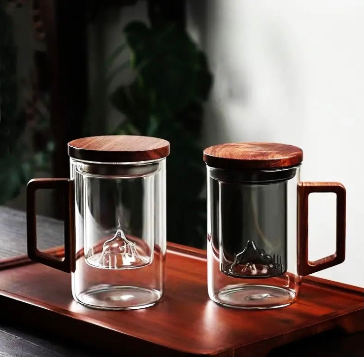 Heat Resistant High Borosilicate Glass Tea Cup, Water Separation Tea Cup With Wooden Lid, Large Capacity Inner Pot Tea Cup