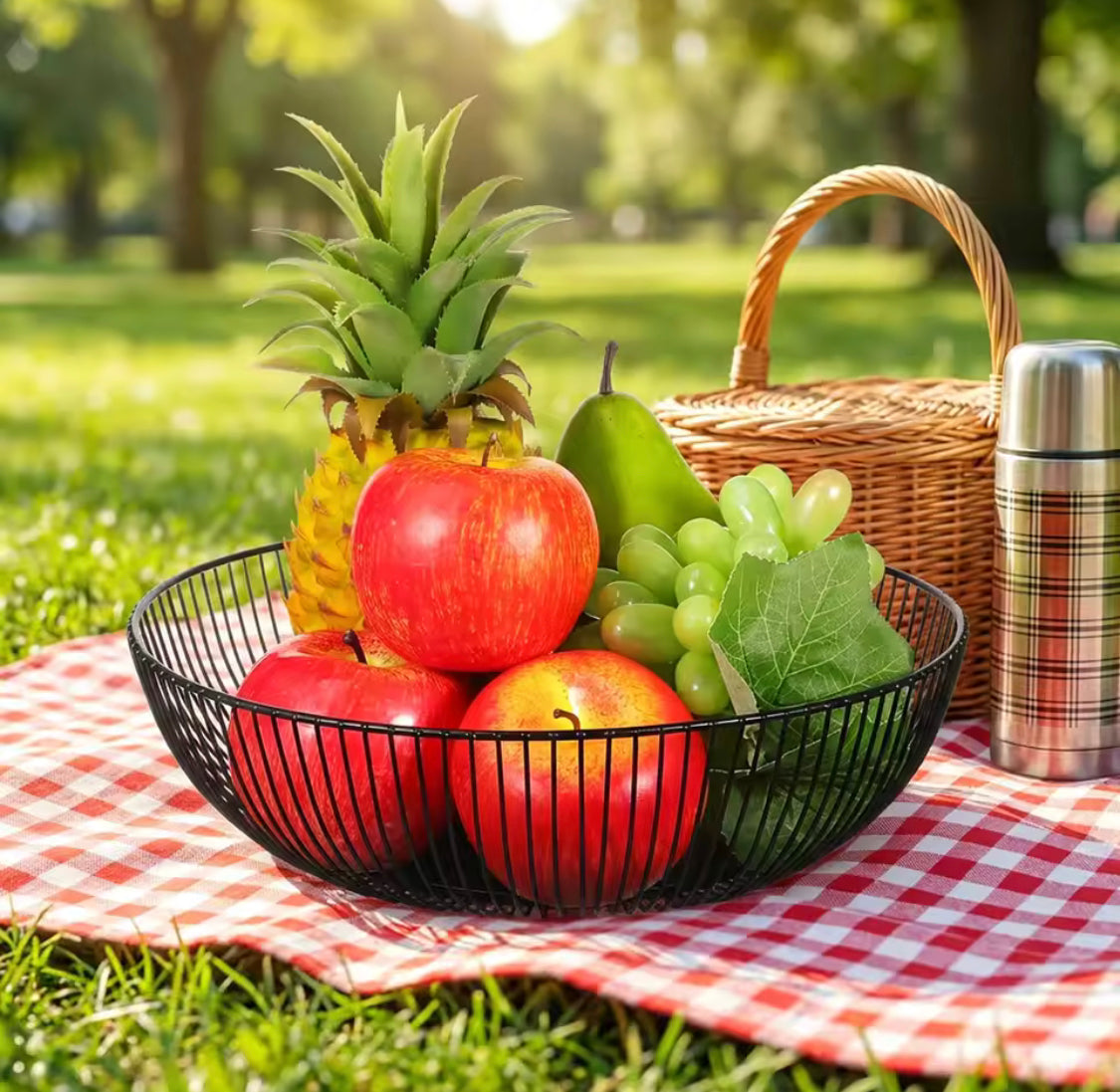 Metal Fruit Basket With Wooden Base, Multipurpose Tabletop Fruit Holder, Countertop Fruit Basket Bowl