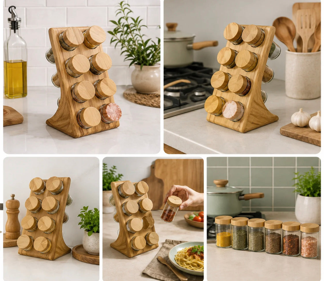 Hexagonal Bamboo Spice Rack With 8 Jars, Bamboo Spice Organizer, Wooden Masala Box with Glass Jars