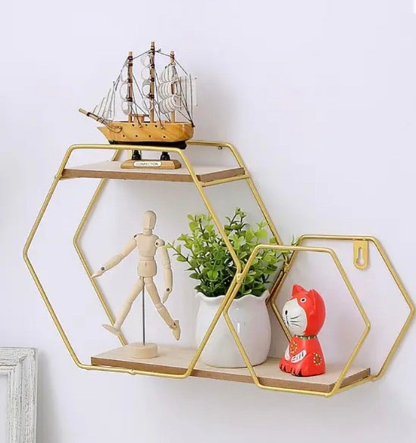 Double Layer Hexagonal Wall Floating Shelf, Nordic Style Hexagon Wall Shelf, Wall Mounted Rack for Books
