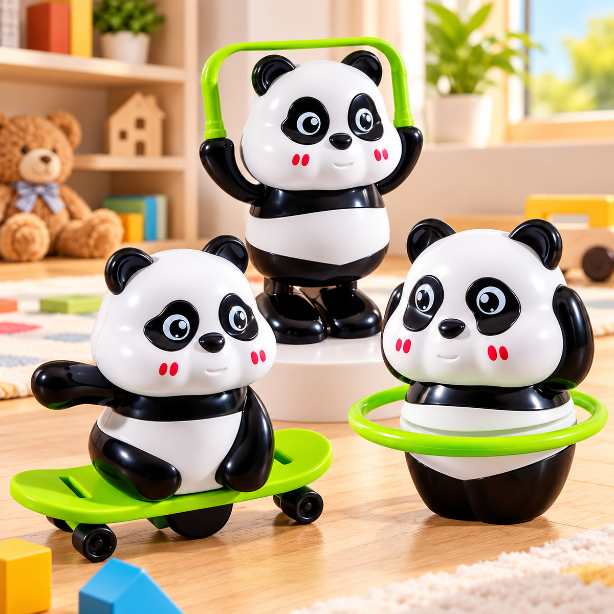 Multi Action Panda Fun Toy, Panda Skateboard & Hula Hoop Toy, Interactive Panda Adventure Toy, Kids Panda Dancing & Skateboard Toy, Panda Fun Activity Toy for Kids