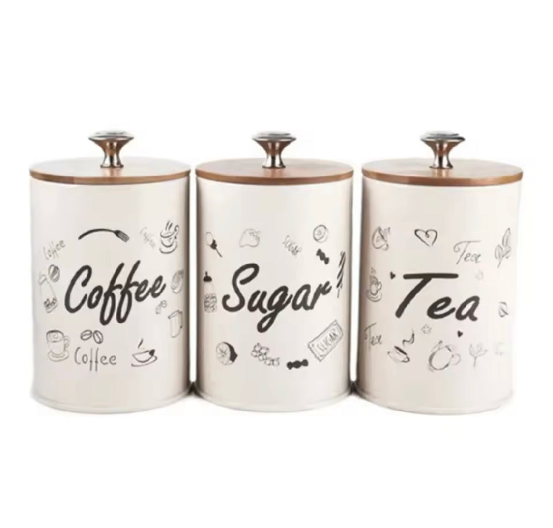 3pcs Coffee Tea And Sugar Jar With Lid, Moisture Proof Kitchen Storage Airtight Cans, Coffee Beans Tea Snacks Sealed Container, Seasoning Bottle Spice Jars, Stainless Steel Kitchen Storage Pots