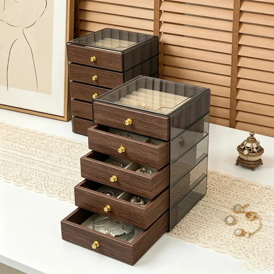 5 Tier Wooden Jewelry Organizer Box with Drawers, Transparent Acrylic and Wood Jewelry Storage Box, Multi Tier Jewelry Organizer Cabinet for Women