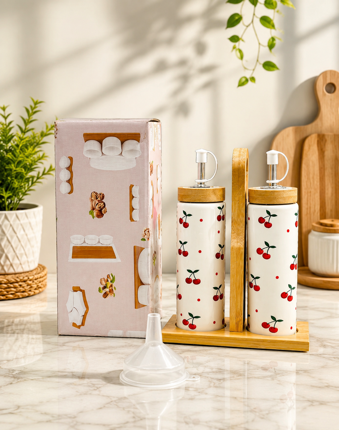 2pcs Ceramic Oil And Vinegar Dispenser Set, Cherry Print Ceramic Oil Dispenser with Bamboo Stand, Oil Vinegar Cruet Set Bamboo Holder