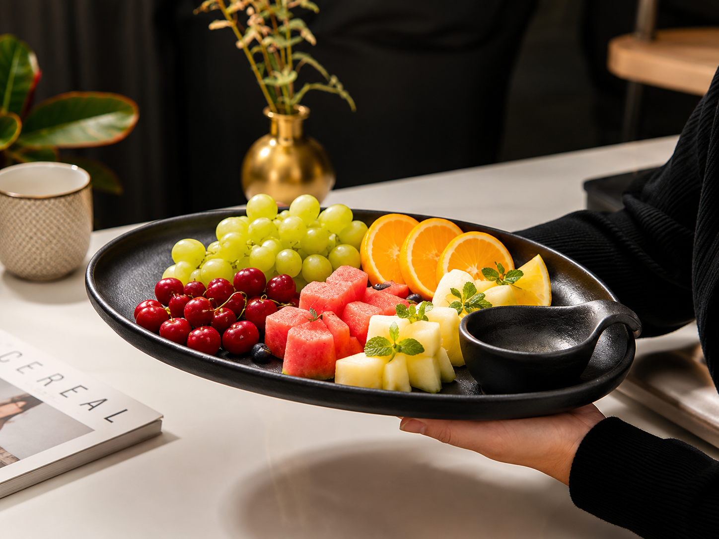Oval Serving Platter with Dip Bowls, Multi Purpose Serving Tray with Sauce Compartments, Elegant Oval Food Presentation Platter