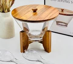 Wooden Stand Glass Snack Bowl, Luxury Glass Nut And Snack Dispenser, Dry Fruit Storage Bowl